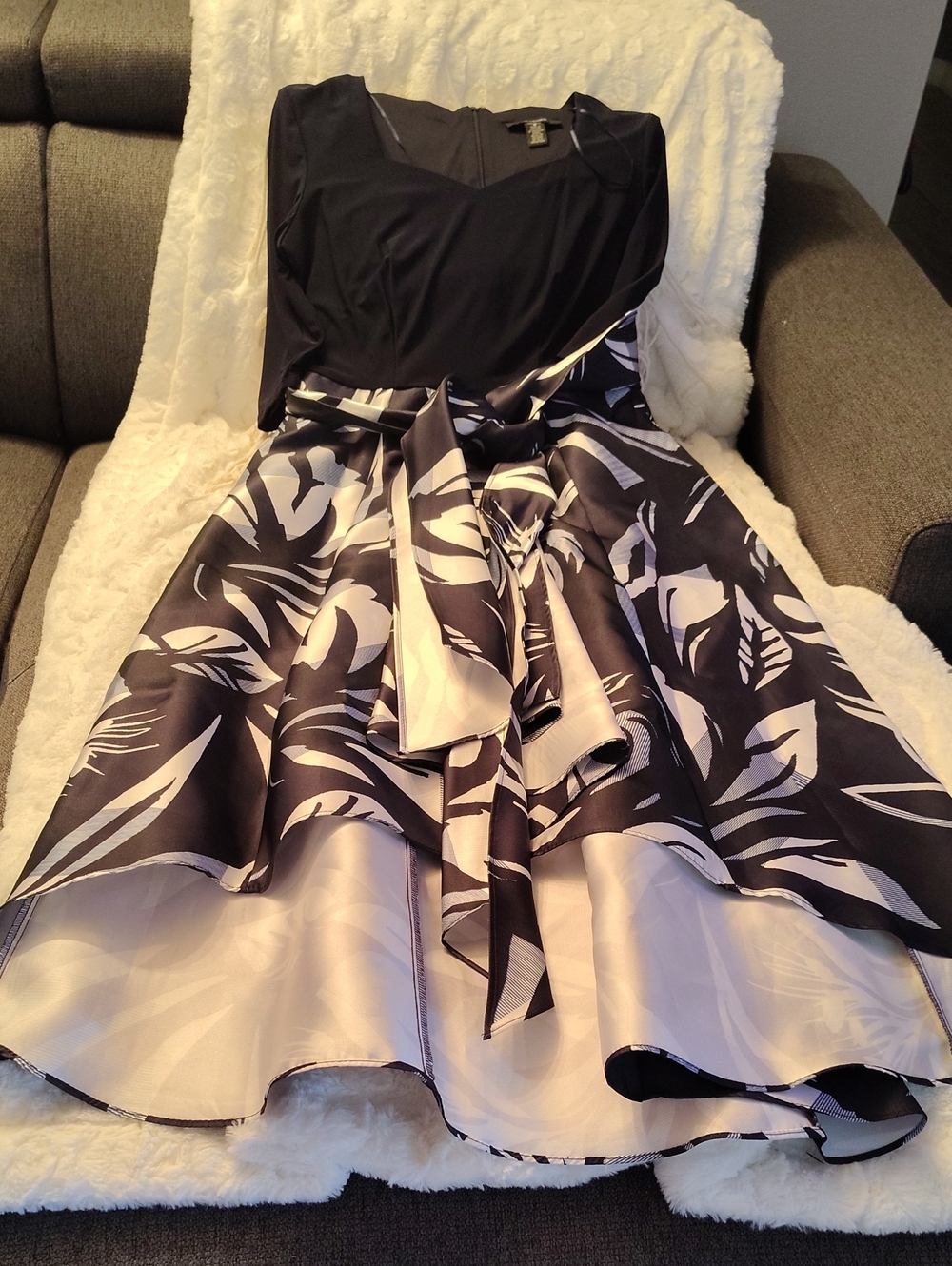 R&M Richards Black and White High-Low Floral Fit-and-Flare Dress
